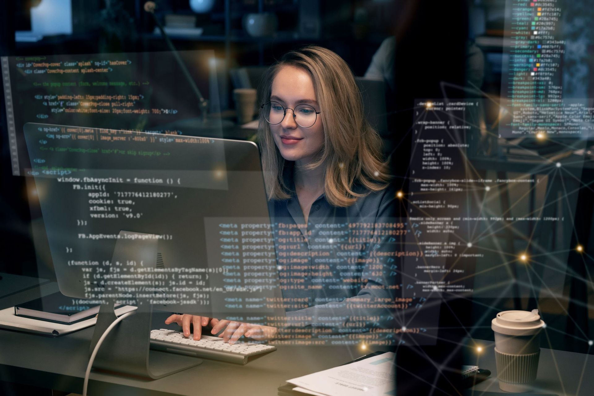 Woman working on a computer with overlay of code and data network graphics.